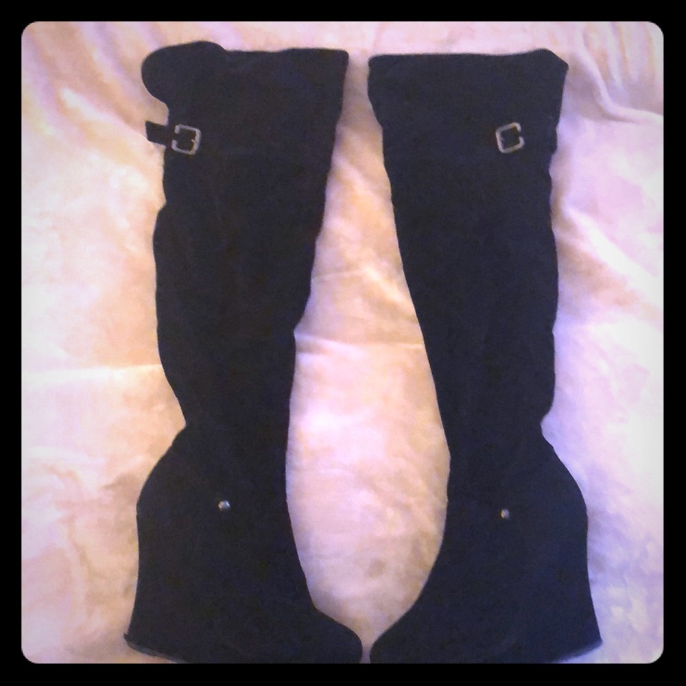 Over the Knee Wedged Black Suede Black Boots